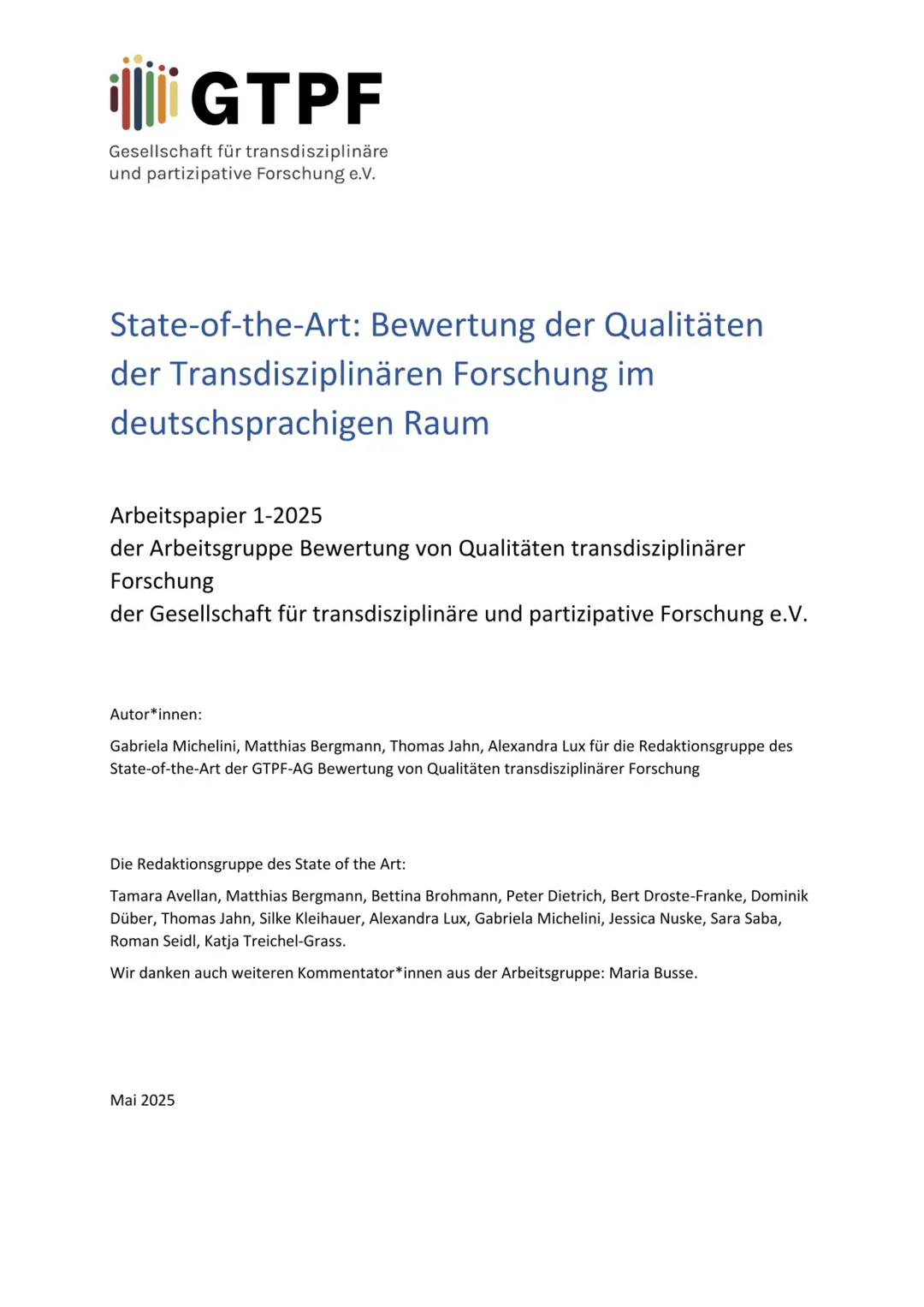 Cover: "State-of-the-Art: Bewertung der Qualitäten der Transdisziplinären Forschung im deutschsprachigen Raum" 